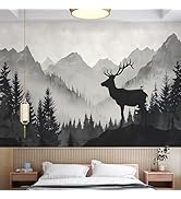 AM AMAONM 63x89.8inch Large Abstract Mountain Landscape with Deer Wall Art Print, Black Grey Fore...