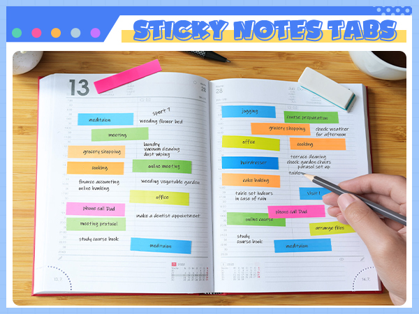 Open notebook with colorful sticky notes. Hand holding pen. Text at top reads 'Sticky Notes Tabs'. Notes contain various tasks and reminders.