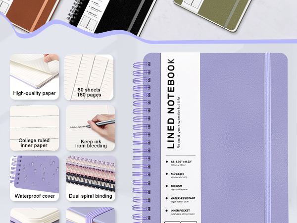 Journaling Notebooks for Work, School, Women, Men, College Ruled Spiral Notebook