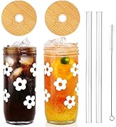 ANOTION Cute Glass Cups with Lids and Straws, Mason Jars with Flower Design, Bamboo Lid, Iced Cof...