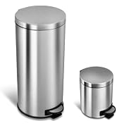 Ninestars CB-SOT-30-1/5-1 Step-on Trash Can Combo Set, 8 Gal 30L & 1.2 Gal 5L, Stainless Steel Ba...