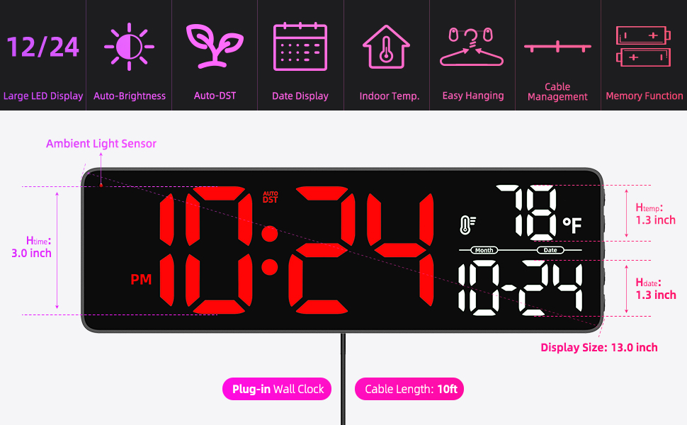 Digital Wall Clock with Large LED Display