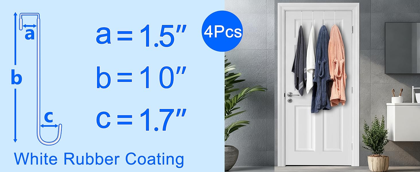 Two bath towels and two bathrobes hang from four hooks on bathroom door with hook size