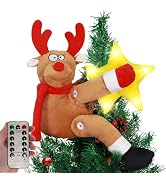 Handmade Christmas Tree Reindeer Toppers with Lights - Embrace Reindeer with Lighted Star for Chr...