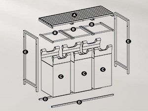 Schematic diagram of a three-bin sorting system with frame, showing assembly instructions and component layout.