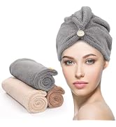 YFONG 3 Pack Hair Drying Towels, Hair Towel with Button, Super Absorbent Microfiber Hair Towel fo...