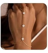 Gold Hand Chain Bracelets for Women Trendy,Dainty Clover Pearl Charm Ring Bracelet Hand Chain 14K...