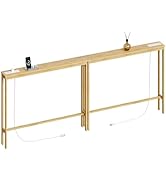 ELYKEN 2 Pack 5.9" Narrow Console Sofa Table with Power Outlets, 5.9" Dx39.4 Wx31.1 H Bamboo Behi...