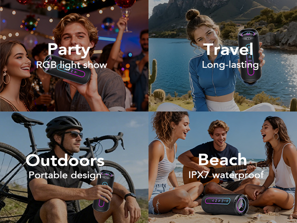 Text reads: 'Party Travel Outdoors Beach Portable lifestyle IPX6 waterproof Long-lasting.' Marketing banner showing lifestyle product use scenarios with icons.