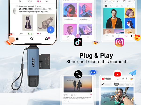 Text reads 'Image 6', 'Plug & Play', 'Share and record this moment'. Interface showing social media platform icons and content preview grid.