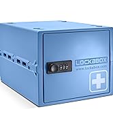 Blue lockbox with combination lock and medical cross symbol. Features 'LOCKBOX' branding and website URL on front.