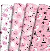 Ulmasinn Pink Halloween Wrapping Paper - Kawaii Spooky-Sweet Gift Wrap with Ghosts, Bats & Waterc...