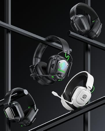 Four gaming headsets displayed on angled shelves. Models include black with green accents, white, and a variant with illuminated earcups. All feature over-ear designs and visible microphones.