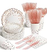 AIRE 175Pcs White Rose Gold Paper Plates Dinnerware Sets for 25 Guests, Party Supplies Disposable...