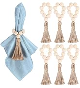 Meplait 6 Pieces Wooden Bead Napkin Rings, Farmhouse Stretchable Napkin Rings with Tassel Boho Na...