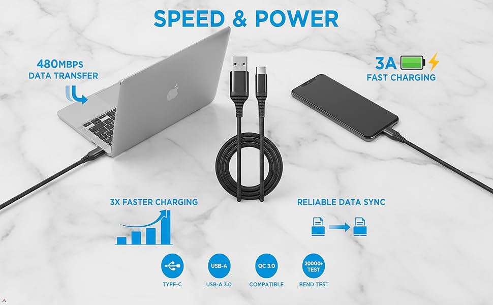 Fast charging USB-C cable for phone and laptop with data sync.