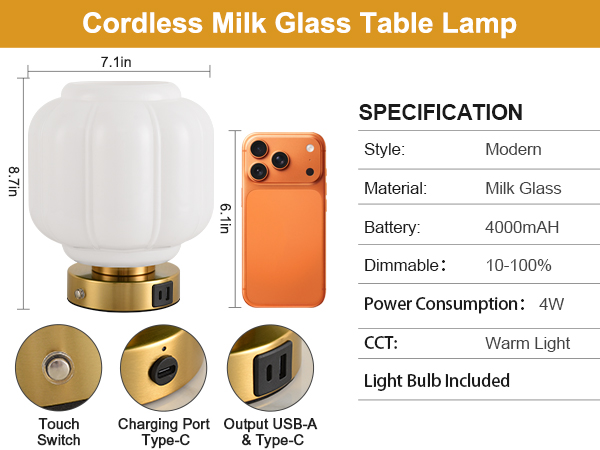 Rechargeable Table Lamp Cordless Milk Glass Bedside Lamp Small white and gold