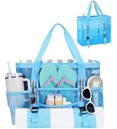 WANDF Mesh Beach Bag for Women, Large Beach Tote Bags with 40oz Tumbler Side Pockets, Family Pool...