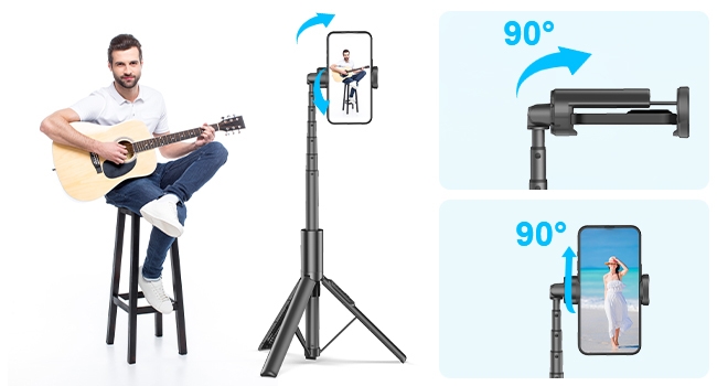Adjustable phone tripod stand with 90-degree rotating mount capability, shown with usage diagram and phone holder details.