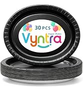 Vyntra 30 Pack Black Oval Paper Plates, Disposable Party Plates for Dessert, Appetizers, Hallowee...