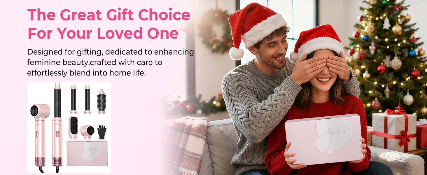 Text reads 'The Great Gift Choice'. Holiday-themed product advertisement showing gift-giving scene with wrapped presents and festive decorations.