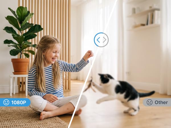 Child and cat in a split-screen comparison of 1080p and lower image quality