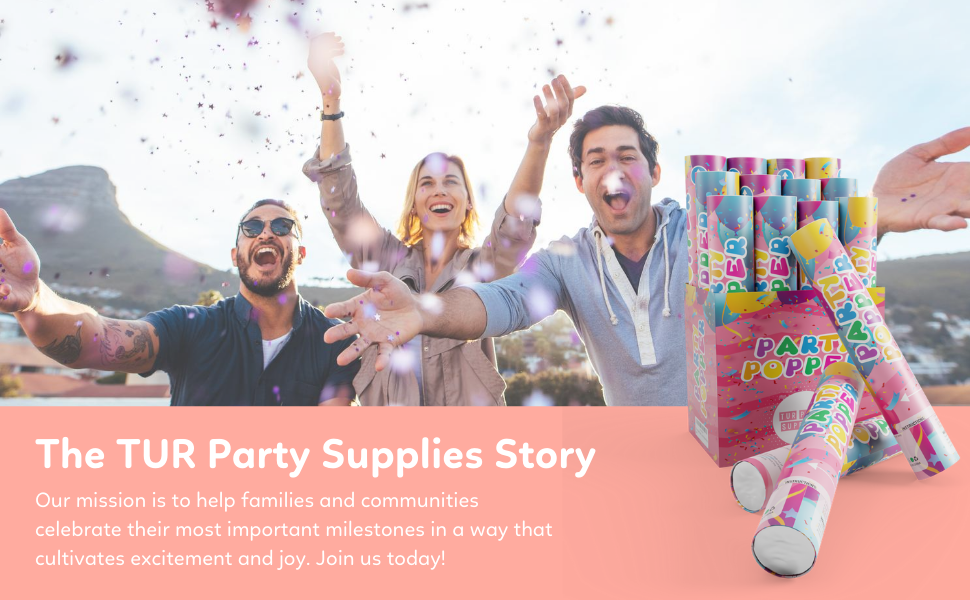 tur party supplies, happy, friends, celebration, confetti cannon