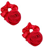 Rosojodg Hair Ties, 2Pcs Red Wine Vintage Rose Flower Silk Satin Scrunchies Hair Band Ponytail Ho...