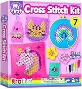 KRAFUN Beginner My First Cross Stitch Kit for Kids Arts & Crafts, 6 Easy Projects of Felt Keyring...