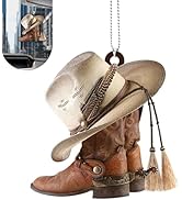 Qurbuns Car Rear View Mirror Pendant, Acrylic Cowboy Boots Hats Car Hanging Ornament, 3.15