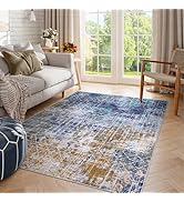 Abstract Washable Rugs 5x7 Area Rugs for Living Room,Large Boho Rug for Bedroom,Blue Gold Dining ...