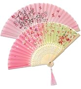Salutto Hand Fan Bamboo Printed Pattern Folding Fan For Party Wedding Gift With tassel 2 pack gro...
