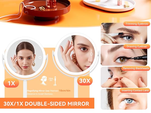 Magnifying makeup mirror for trimming eyebrow, applying eyeliner, contact lenses, removing blackhead