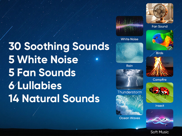 Text reads: '30 Soothing Sounds', '5 White Noise', '5 Fan Sounds', '6 Lullabies', '14 Natural Sounds'. Collection of relaxation sound categories with nature and sleep-related imagery.