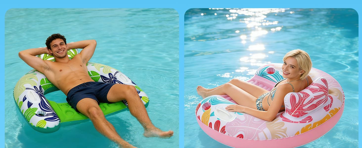 Vibrant & Colorful Pool Floats, equipped with ergonomic headrest and 2 cupholders and 2 handles