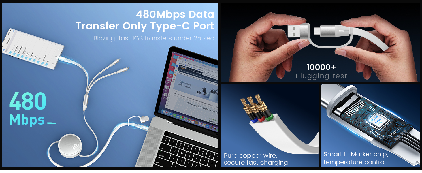 480Mbps data transfer only type c port retractable phone charger retractable usb c charger