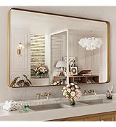 LOAAO 60X36 Inch Bathroom Mirror with Wood Grain Colored Metal Frame, Rounded Rectangle Metal Fra...