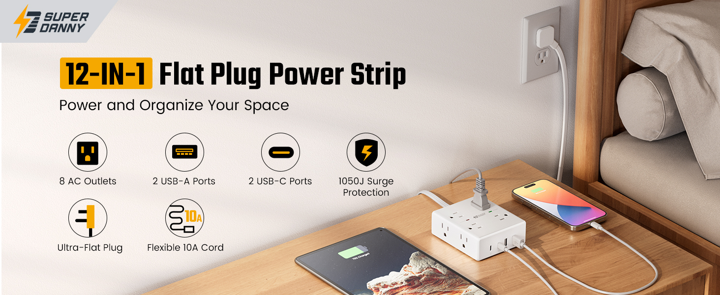 flat plug power strip with surge protection
