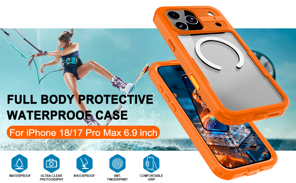 for iPhone 18/17 Pro Max waterproof protective case ( 6.9-inch, 2026 New Release, Orange)