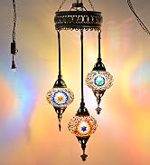XUMAIDENG Turkish Plug-in Hanging Chandelier - Handcrafted Moroccan Mosaic Pendant Light with 3 L...