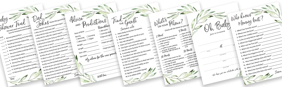 greenery baby shower games phone predictions invites who knows mommy best shower feud dad jokes