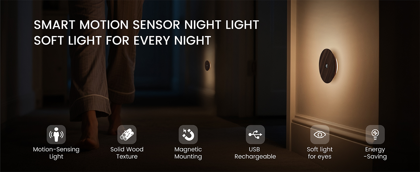 Minimalist dark walnut round sensor night light