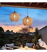 TWINKVILLA Battery Operated Chandelier, 2Pack Hanging Gazebo Lights, Cactus Shape Boho Rattan Pen...