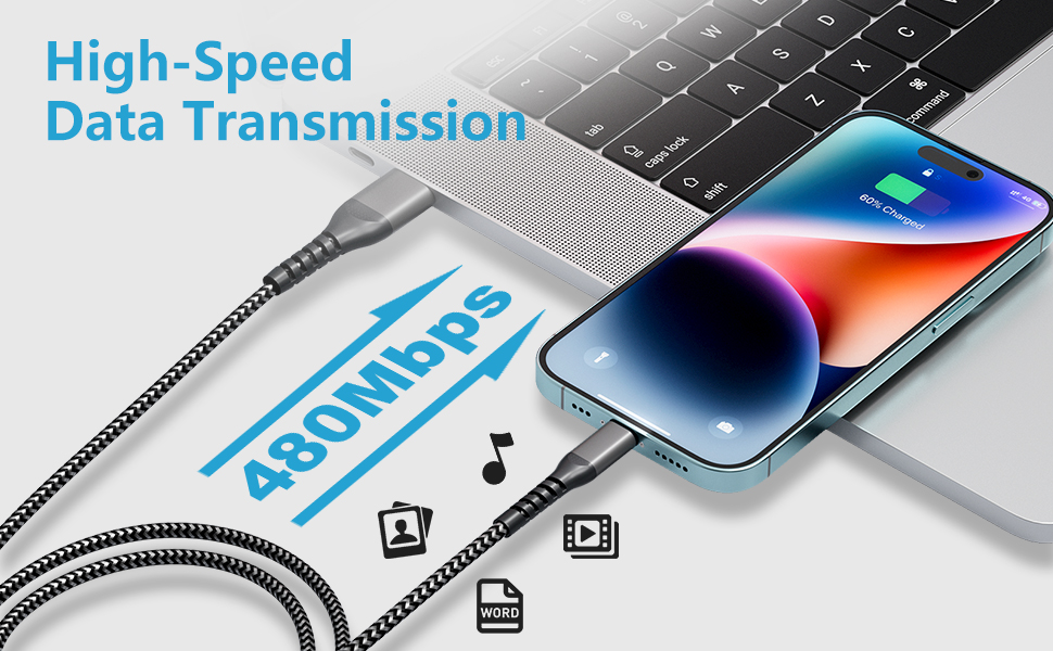 USB A to Lightning Cable Supports Fast Data Transmission (480Mbps)