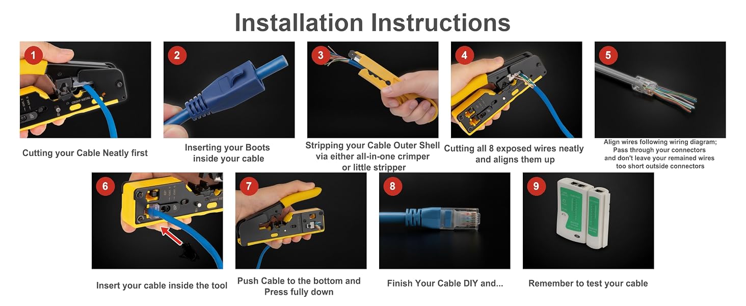 RJ45 Crimp tool Installation Instruction Steps