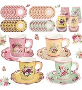24 Sets Vintage Floral Tea Party Cups 7 OZ Disposable Paper Tea Cups with Handle and Plates Teacu...