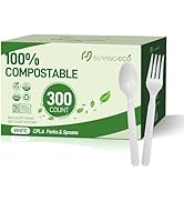 Compostable Forks and Spoons Bulk 300 Count Disposable Compostable Cutlery 100% No Plastic Silver...