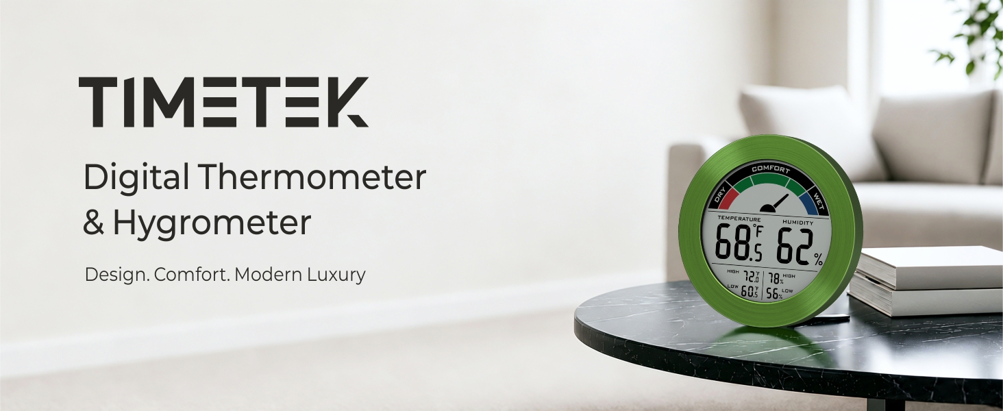 TIMETEK Digital Thermometer Hygrometer on a table in a living room