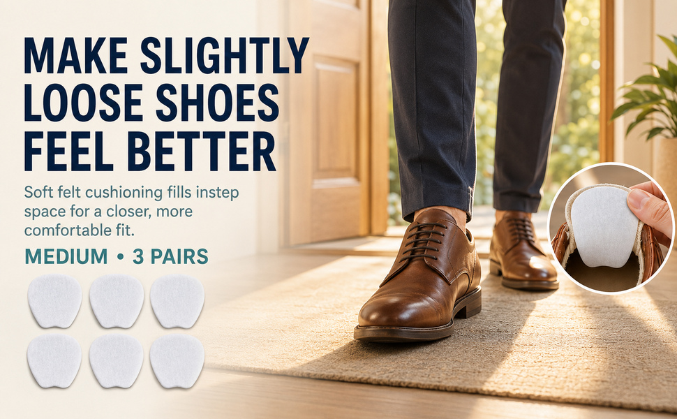 Medium white felt tongue pads for slightly loose shoes, 3 pairs.
