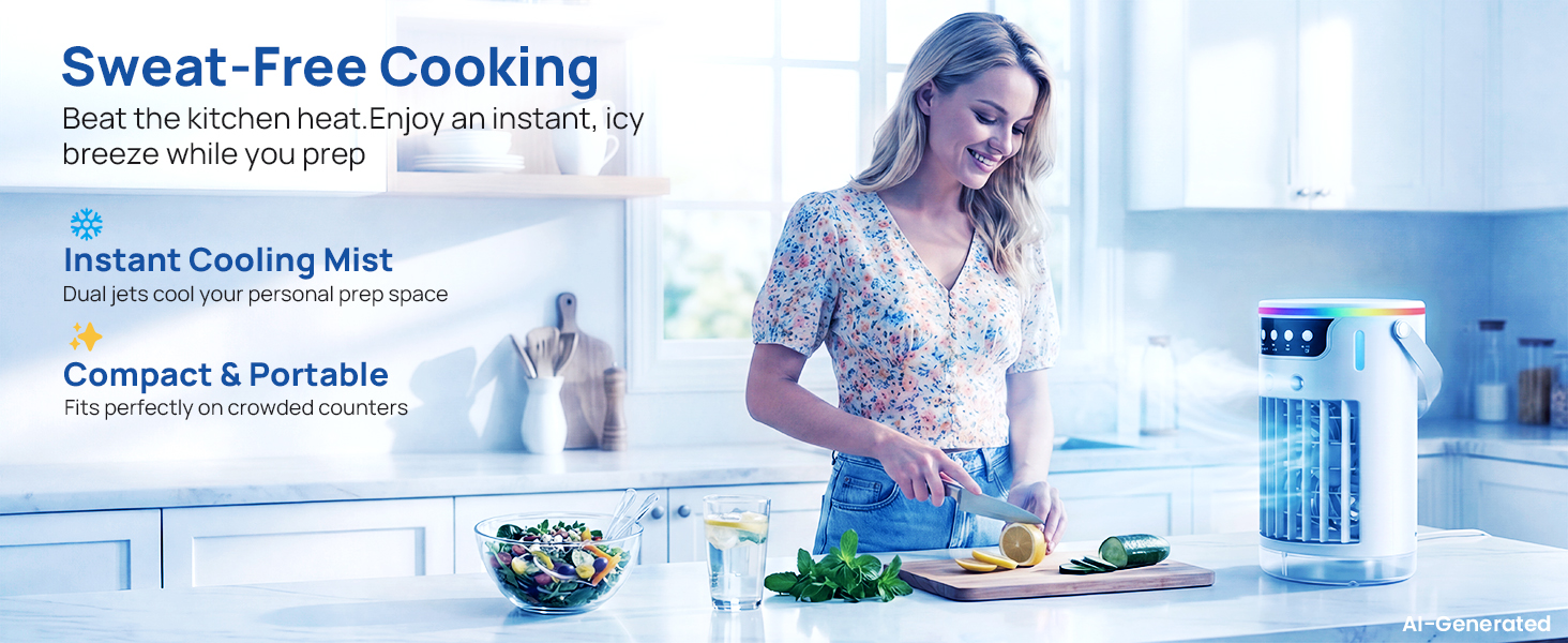 Kitchen personal ac fan delivering instant icy breeze for sweat-free cooking and prep